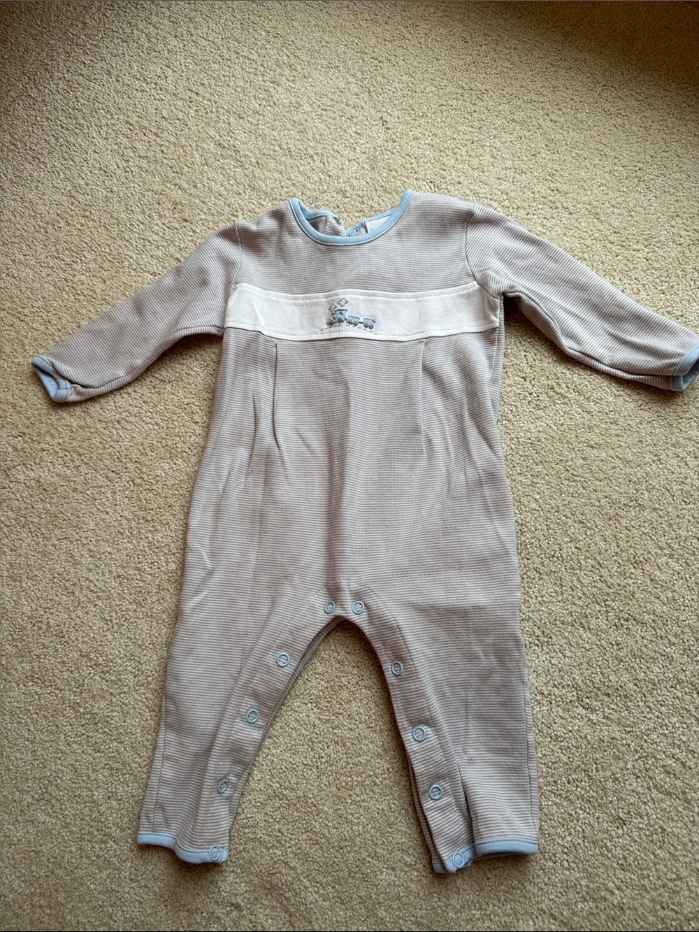 Squiggles by Charlie Cotton One-Piece Romper with Train Embroidery